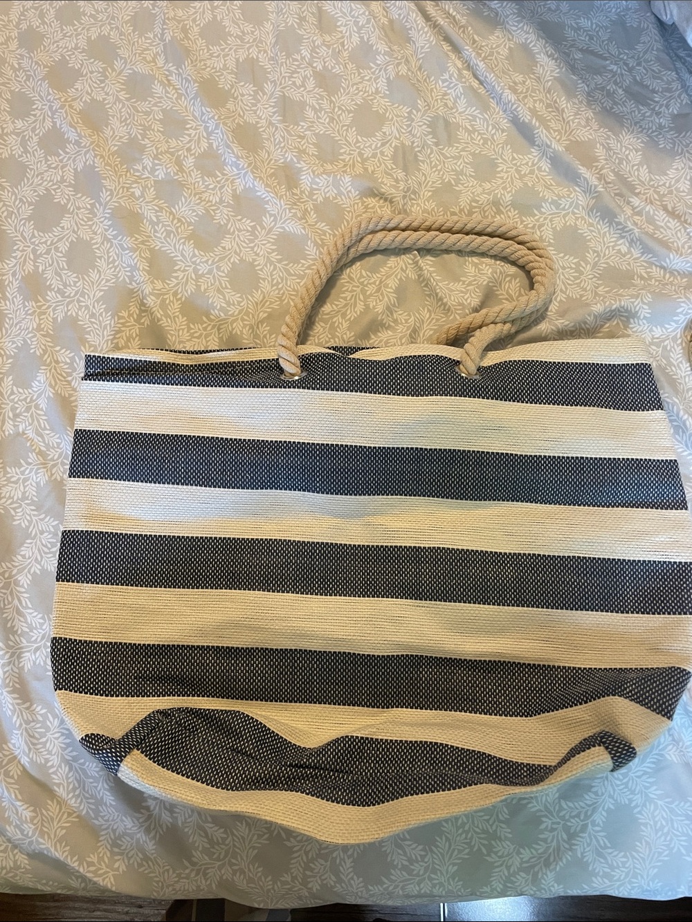 Striped Rope-Handle Tote Bag with Pink Flamingo Accent - Picture 2 of 3